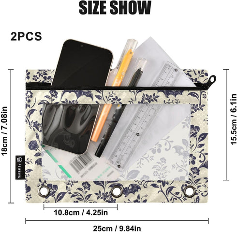 CBBYY Goth Bat Pencil Pouches, 2 Pack 3 Ring Binder Pencil Case with Zipper Reinforced Grommets for Office