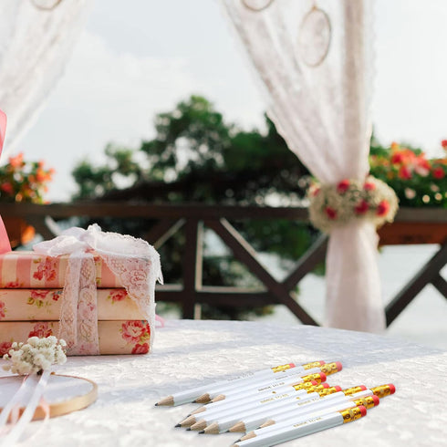 Outus 50 Pieces White Wedding Pencils for Bridal Shower, 4 Inch Mini Hexagon with Eraser, 2 Styles