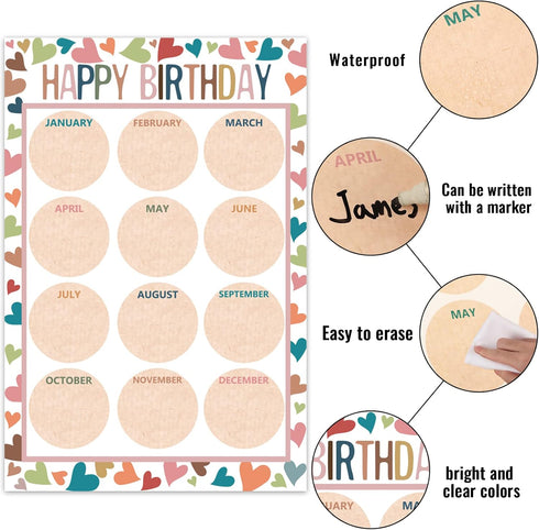 Happy Birthday Chart for Classroom - 2Pcs Boho Birthday Poster Decoration 17’’ x 12’’ Boho Birthday Cake Calendar