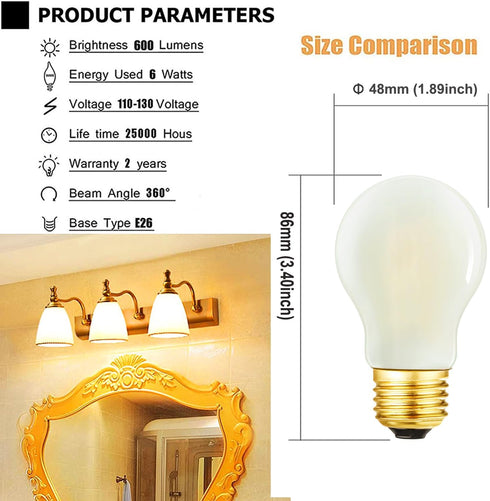 DONDDA E26 Bulb 6W A15 Dimmable Bulb 60 E26 Bulb 2700K AC120V 600LM E26 Bulb Pack 6 Frosted LED Equal Watt Edison Warm