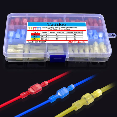 Twidec 100PCS Nylon Spade Connectors Kit, 22-10 Gauge Male and Female Quick Disconnect Fully Insulated