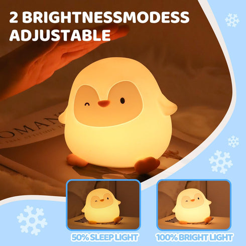 50H/12H 30-Min Dimmable Penguin Silicone Night Light, Long Battery Life Touch Lamp with Auto-Off Timer, Soft Glow