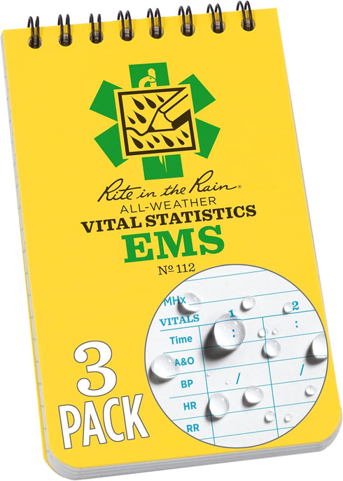 Rite in the Rain Weatherproof EMS Notebook, 3" x 5", Yellow Cover, Vital Stats Pages, 3 Pack (No. 112-3)