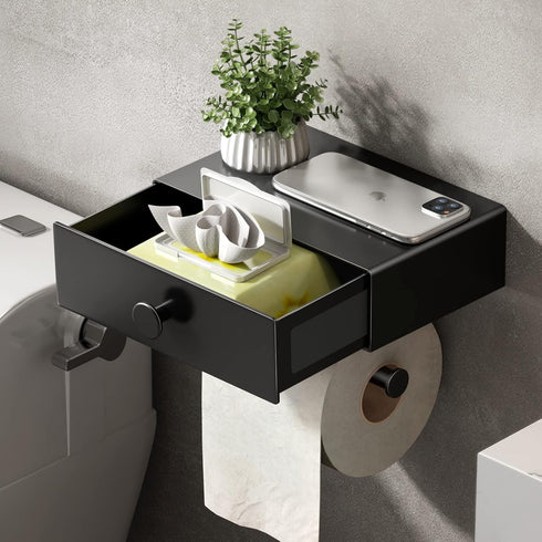 VOLDRA Toilet Paper Holder with Shelf Black Wipes Dispenser for Bathroom Toilet