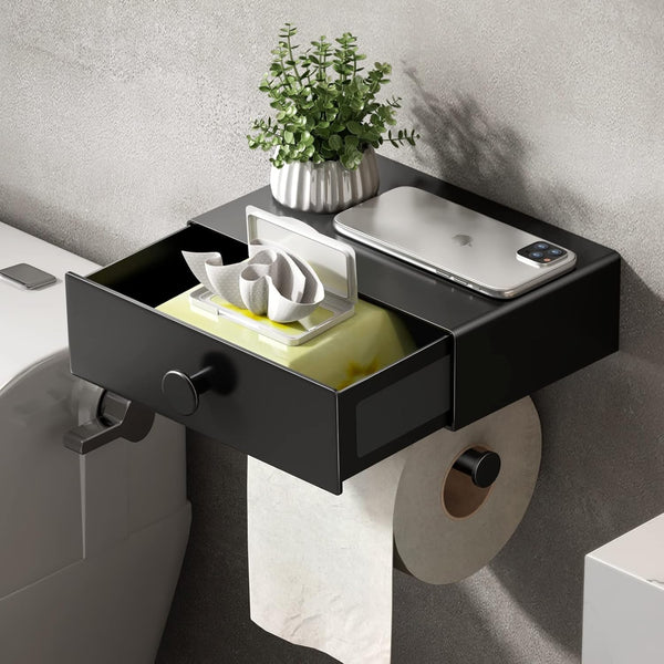 VOLDRA Toilet Paper Holder with Shelf Black Wipes Dispenser for Bathroom Toilet