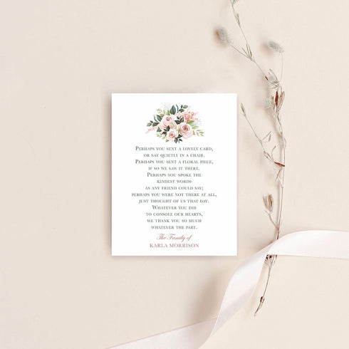 5.5x4.25 Sympathy Acknowledgement Cards, Personalized Funeral Thank You Cards with Poem and Pink Flowers - Flat