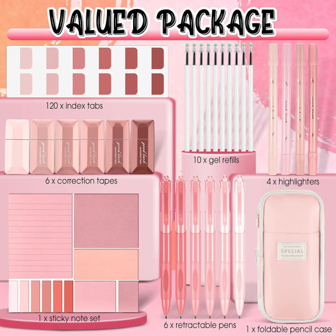 Janlaugh 38 Pcs Aesthetic College School Supplies, Pen Case, Sticky Notes, Gel Pens, Highlighters, Pink Color
