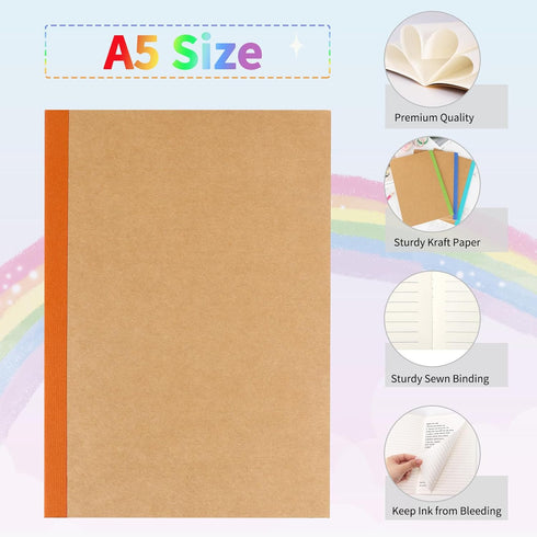 EOOUT 20 Pack A5 Kraft Notebooks, Lined Journal Bulk with Rainbow Spine, 60 Pages Soft Cover for School Office