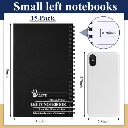 Lewtemi 15 Pack Small Left Handed Notebooks - 8" x 5", 50 Sheets, College Ruled, Black Wire Bound for Lefties