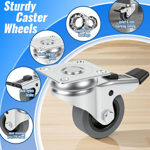 2 inch Set 4, 40KG Swivel Casters of Non Marking TPR Rubber Wheels with Locking Brake, Smooth and Silent Rotation