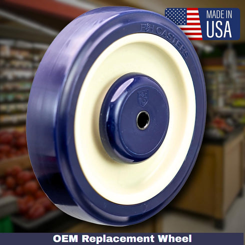 WC2054LD 5" 1.25" 5/16" 250 lb Universal Replacement Shopping Cart Wheel OEM P&H x Blue/Tan TPU Crown Tread, Dual