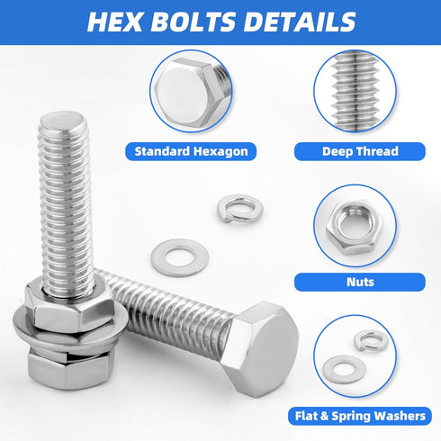 Besitu 252Pcs 1/4-20, 5/16-18, 3/8-16 304 Sets Hex Bolts and Nuts Assortment Kit, Assorted Bolts Nuts and Washers Kit