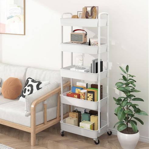 5-Tier Sywhitta Plastic Rolling Utility Cart with Handle, Multi-Functional Storage Trolley for Office, Living Room