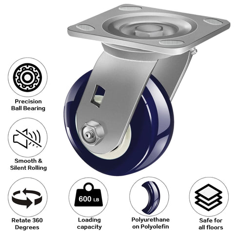 4 Inch Heavy Duty Industrial Casters, Polyurethane on Polyolefin, Loading Capacity up to 600 LB