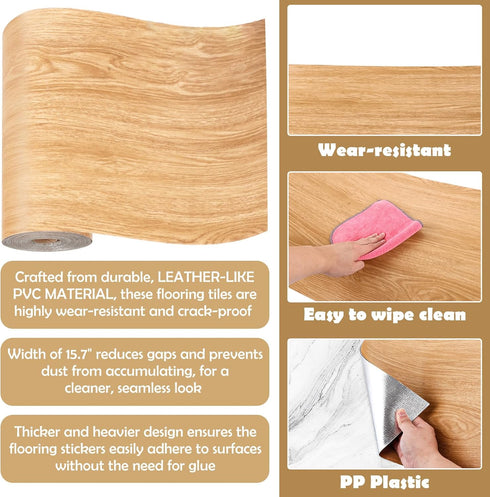 15.7 32.8 1.6 mm Peel and Stick Flooring Roll, Light Oak Wood Look Vinyl Floor Covering, in x ft, Thick Self Adhesive