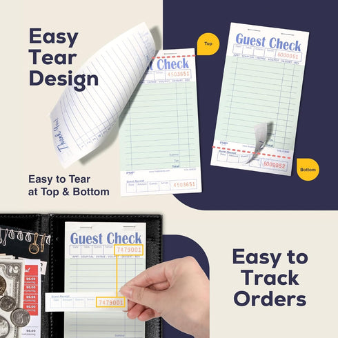 500 (10 FMP Brands Guest Check Books for Servers, Server Note Pads Paper, Total Sheets Pads), Light Green with Guest