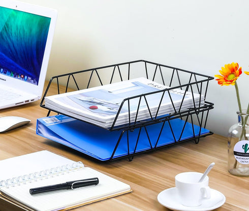 PAG Metal Stackable Letter Tray, 2 Pack Black Desktop File Organizer Rack for Paper Holder