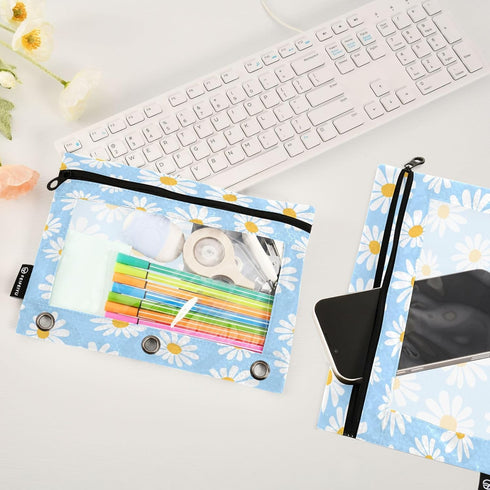 Blue Cute Daisy Binder Pencil Pouch, 3 Ring Zipper Pencil Case with Clear Window, 2 Pack for School, Office