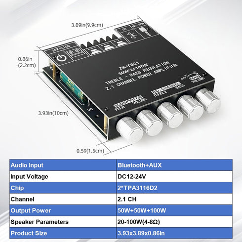 5.0 50W+50W+100W 2.1 TPA3116D2 Bluetooth Channel Subwoofer Amplifier Board HiFi Treble and Bass Control Stereo Digital