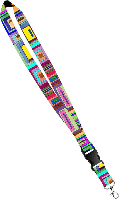 Print Lanyard - Satin Keychain Necklace with Side Release Buckle, ID Badge Holder, 1 Inch, Geo Squares