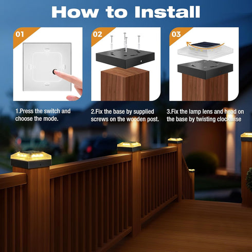 4x4 2 Pack, 3 Dawn/IP65 4x4 vighep Solar Post Cap Lights Outdoor Color Modes/Dusk to Waterproof, Fits Vinyl/PVC Wood