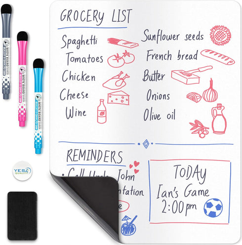 Magnetic Dry Erase White Board Sheet for Fridge (14x11"), Stain Resistant Board with 3 Markers & Big Eraser