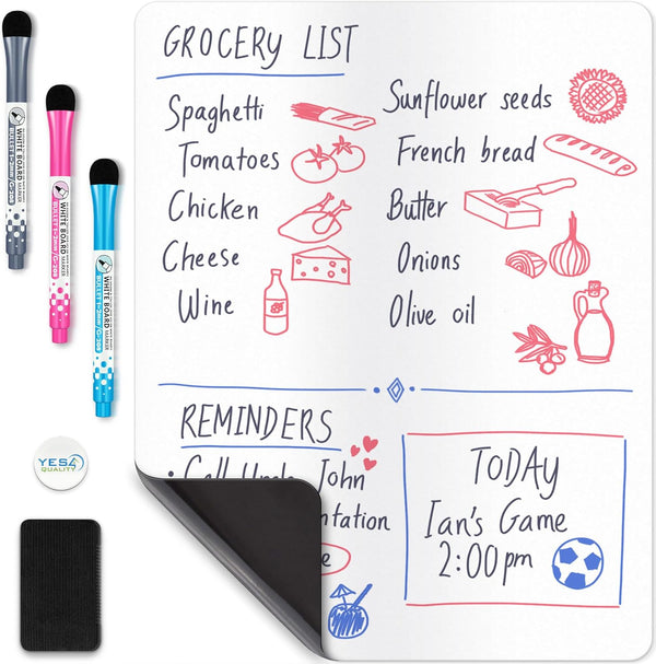 Magnetic Dry Erase White Board Sheet for Fridge (14x11"), Stain Resistant Board with 3 Markers & Big Eraser