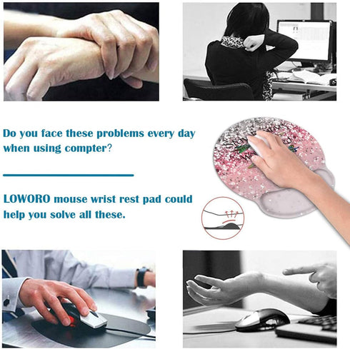 Ergonomic Mouse Pad Wrist Support Set, Pink Glitter Inspirational Quote Wrist Rest Pad with Coasters for Home Office
