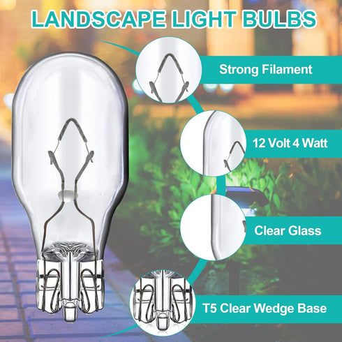4W 12V T5 Light Bulbs - 20 Pack for Landscape Light Bulbs, Wedge Base Low Voltage Garden Light Bulbs