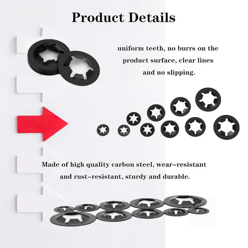 340 Pcs Locking Washers Assortment Kit, Internal Tooth Starlock Push On Speed Clips Fasteners - M3, M4/M5/M6/M8/M10/M12