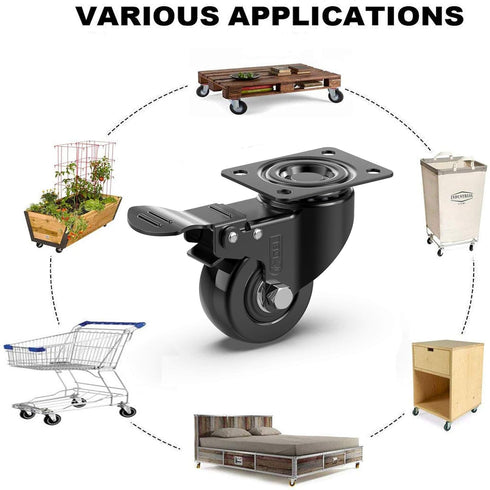 GBL 2" Heavy Duty Caster Wheels with Brakes, Set of 4, Up to 440Lbs, Silent Rubbered Trolley Wheels
