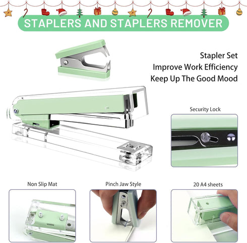 Green Desk Accessory Kit - Acrylic Stapler Set for Women and Students - Includes Tape Dispenser and 1000 Staples