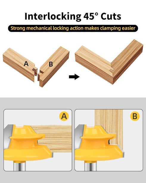 Allmake 3pcs Lock Miter Router Bits 1/4 Shank, 45 Degree Joint Router Bit Set for Woodworking Cabinetry Drawers
