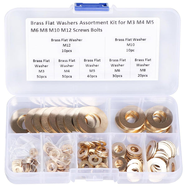 Brass Flat Washer Gasket Kit, 210 Pieces Assortment for M3, M4, M5, M6, M8, M10, M12 Screws and Bolts