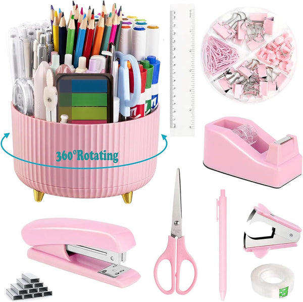 Pink Desk Organizers and Accessories 10Pcs Set, 360-Degree Rotating Pen Holder, Tape Dispenser, Stapler, Scissors