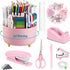 Pink Desk Organizers and Accessories 10Pcs Set, 360-Degree Rotating Pen Holder, Tape Dispenser, Stapler, Scissors