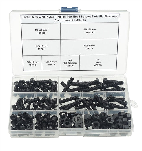 Metric M6 Nylon Phillips Pan Head Screws Nuts Flat Washers Assortment Kit (Black)