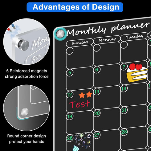 Magnetic Calendar for Refrigerator, 2 Pcs Monthly & Blank Acrylic Calendar with 8 Markers, Magnetic Pen Holder,