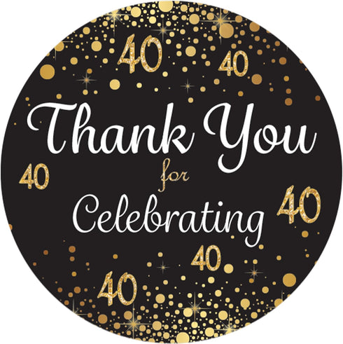 Black and Gold 40th Birthday Thank You Stickers, 1.75 in, 40 Labels