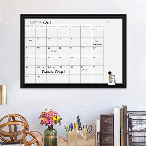 Dry Erase White Board & Monthly Calendar Board, Magnetic Whiteboard for Wall, Office/School/Home, Black Wood Frame