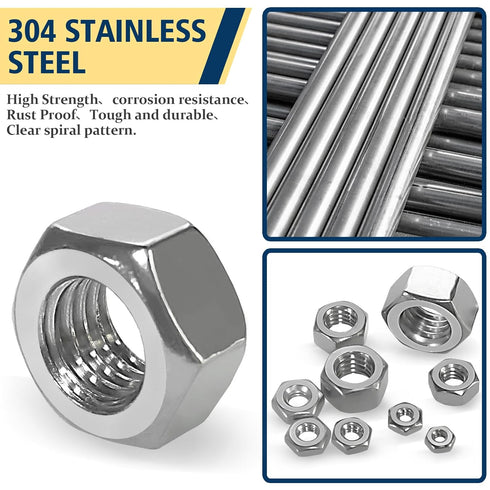 150pcs Kit,4#40 6#32 8#32 10#24 10#32 12#24 1/4-20 5/16-18 3/8-16 1/2-13 Sets,304 SAE Hex Nuts Assortment Hardware Nuts