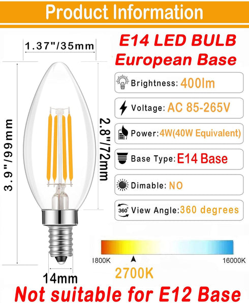 Lamsky E14 Bulb Bulb,Warm 2700K 40W 110V/220V Glass,No-Dimmable (12-Pack) European Base LED Filament Candle Shape Light