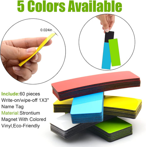 Dry Erase Magnetic Labels (1x3", Pack of 60) - Write On Magnets for Classroom, Office, & More (Multicolor)