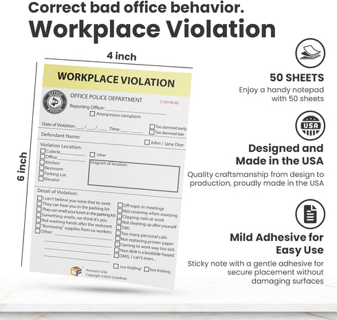 Cubefinds Office Workplace Violation Notice, Funny Workplace Police Message for Coworkers, Self-Adhesive Sticky