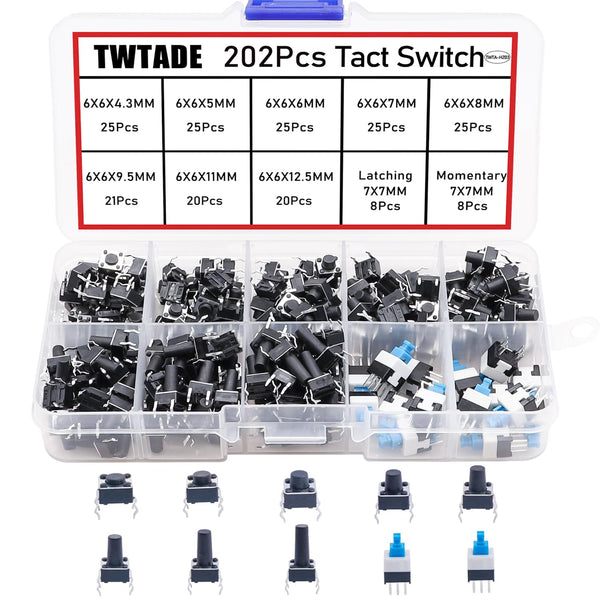 TWTADE 202PCS Micro Momentary Tactile Push Button Switch Assortment Kit 10 Values 4 Pins