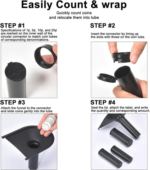 P PRETIRENO Set, 4 Counting (Set Coin Sorter Tubes with Funnel Money Rolls for Coins, Coin Wrapper and Sorter, Sorter