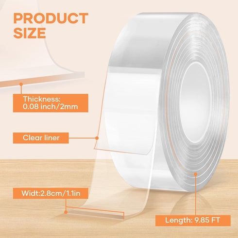 Double Sided Tape Heavy Duty Removable Wall Tape, Multipurpose Strong Clear & Tough Nano Mounting Adhesive for Home Office wall decor, Poster Hanging, DIY Projects, Carpet, 9.85FT