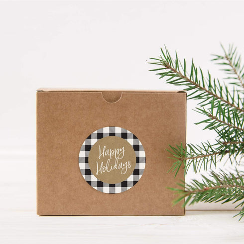 Black and White Buffalo Plaid Happy Holidays Stickers, 500 Christmas Gingham Envelope Seals