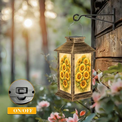 DERUINVAIO Solar Lantern Outdoor Waterproof Vibrant Sunflower Bouquet Golden Petals Green Leaves Garden Decor LED