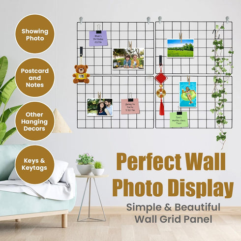 Metal Grid Wall Panel, 17.3"×11.8" Wire Photo Display Organizer, 4-Pack Memo Board with Clips and Hooks